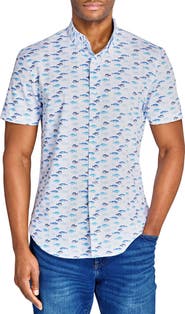CONSTRUCT Fish Print Short Sleeve Stretch Button-Down Shirt