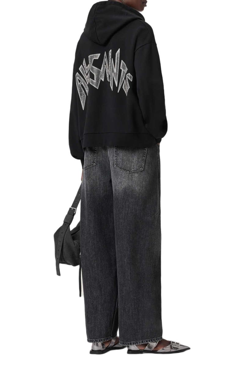 AllSaints Rhinestone Logo Cotton Hoodie, Alternate, color, Black