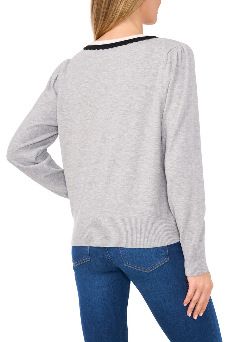 Scalloped Trim V-Neck Sweater, Alternate, color, LT HTHR GREY