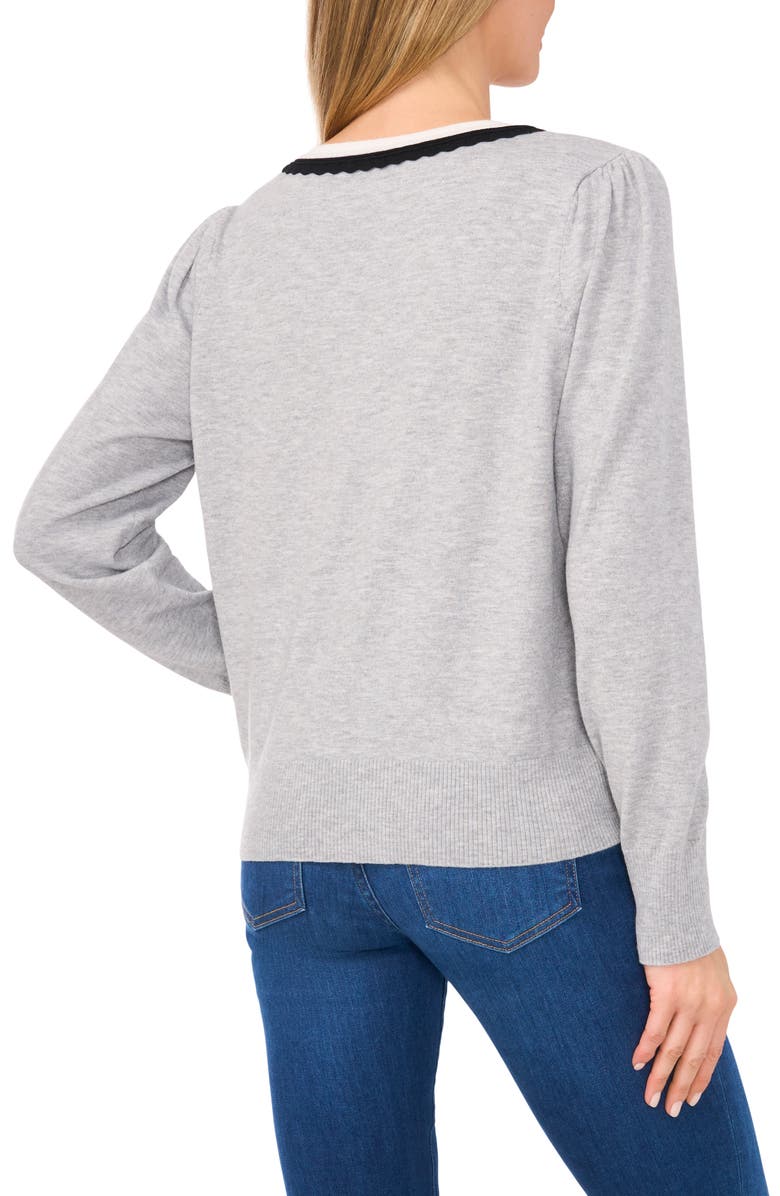 CeCe Scalloped Trim V-Neck Sweater, Alternate, color, Lt Hthr Grey