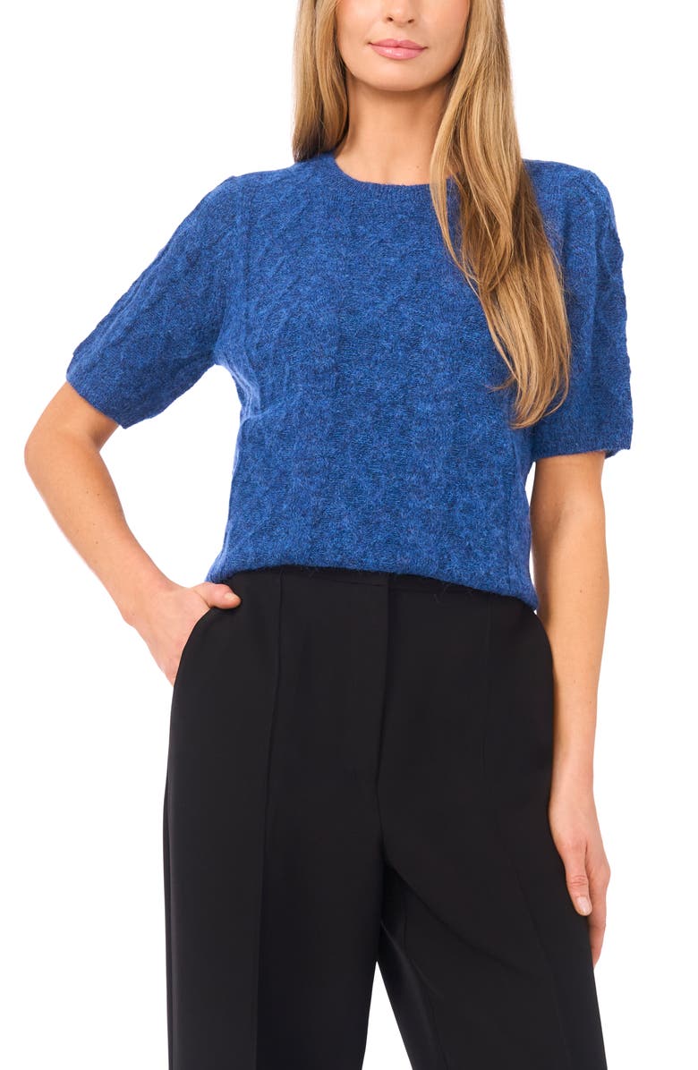 Halogen<sup>®</sup> Fuzzy Cable Stitch Short Sleeve Crewneck Sweater, Main, color, Mountain Blue