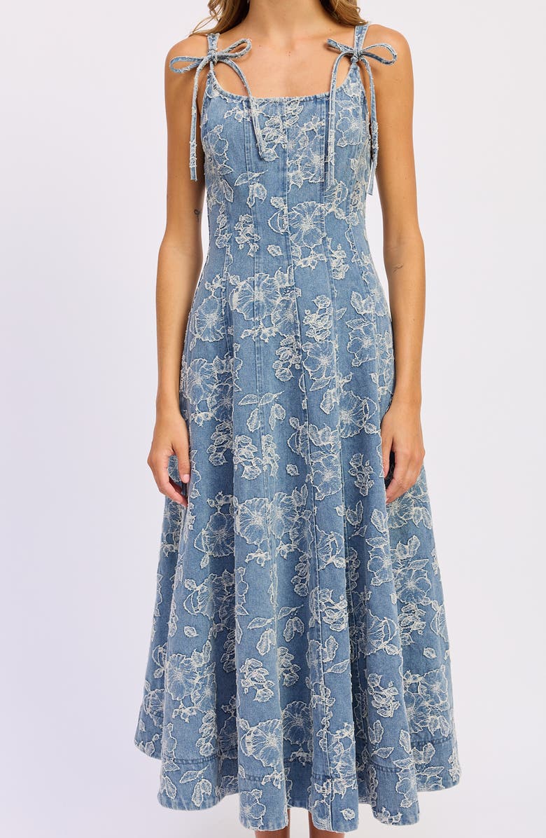 En Saison Opal Embroidered Floral Denim Midi Dress, Alternate, color, Medium Wash Denim