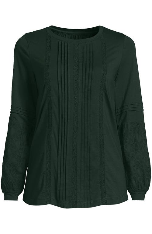 Lands' End Plus Size Lightweight Jersey Lace Mix Long Sleeve Pintuck Top In Green
