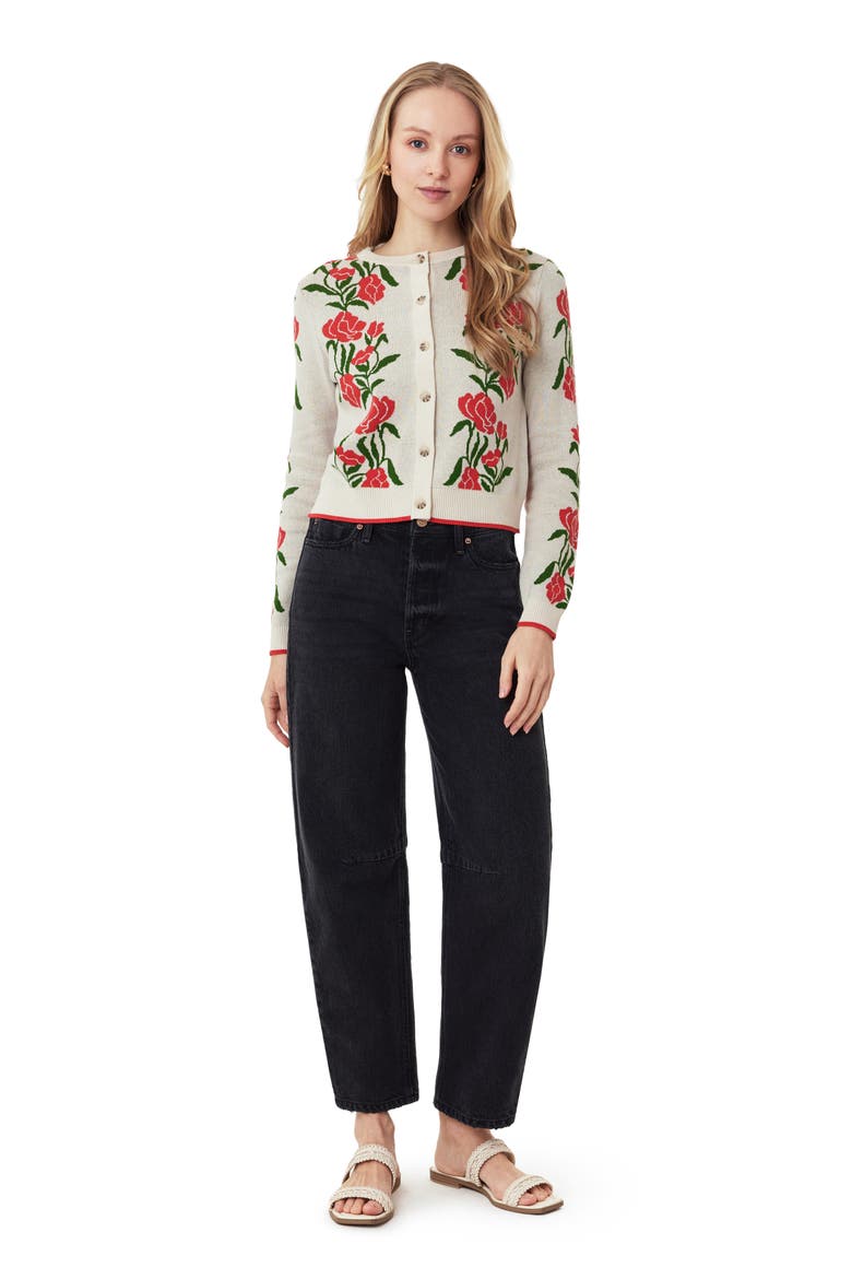 Poinsettia Intarsia Crewneck Sweater, Alternate, color, WHITECAP GRAY POINSETTIA GREEN