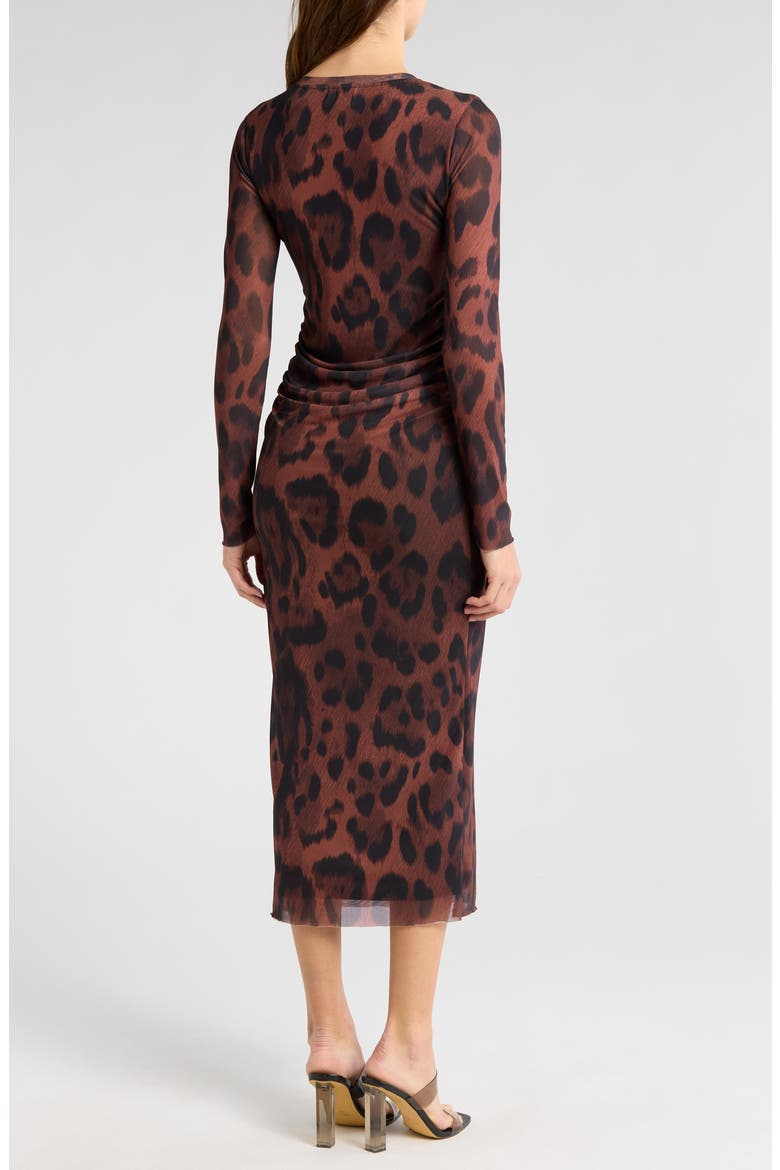 Ruched Long Sleeve Mesh Midi Dress, Alternate, color, TAN BOLD ANIMAL