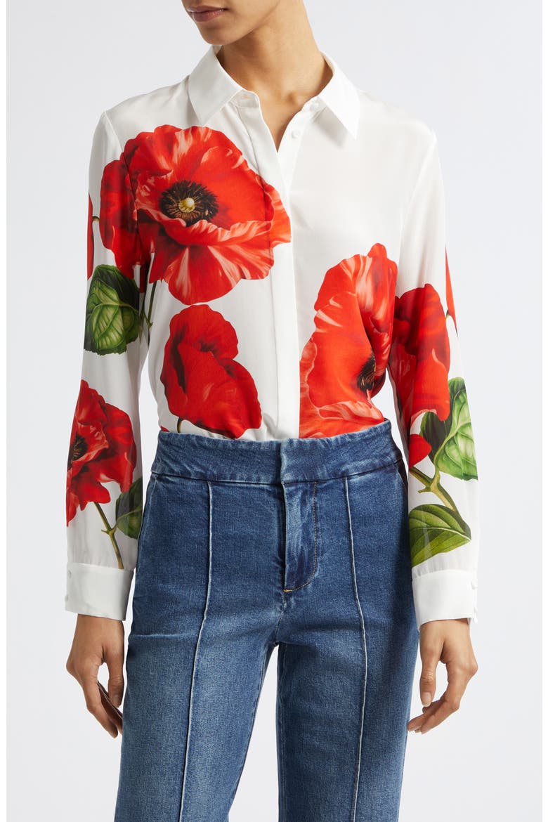 Willa Floral Print Silk Button-Up Shirt, Main, color, SUMMER POPPY