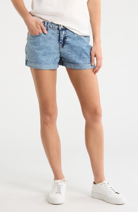 Mid Rise Double Rolled Cuffed Denim Shorts