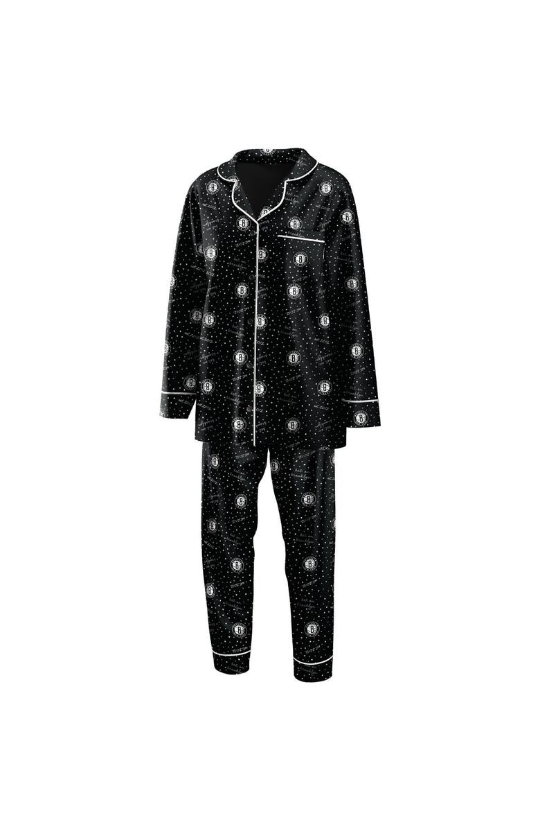 WEAR by Erin Andrews Women's WEAR by Erin Andrews Black Brooklyn Nets Long Sleeve Button-Up Shirt & Pants Sleep Set, Main, color, 