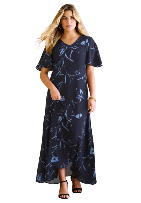 Plus Size Hand Crinkled Flutter-Sleeve Maxi Dress (Plus)