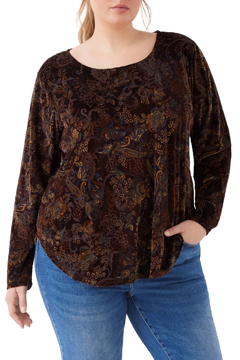 Velvet Burnout Shirttail Top, Main, color, CHOCOLATE