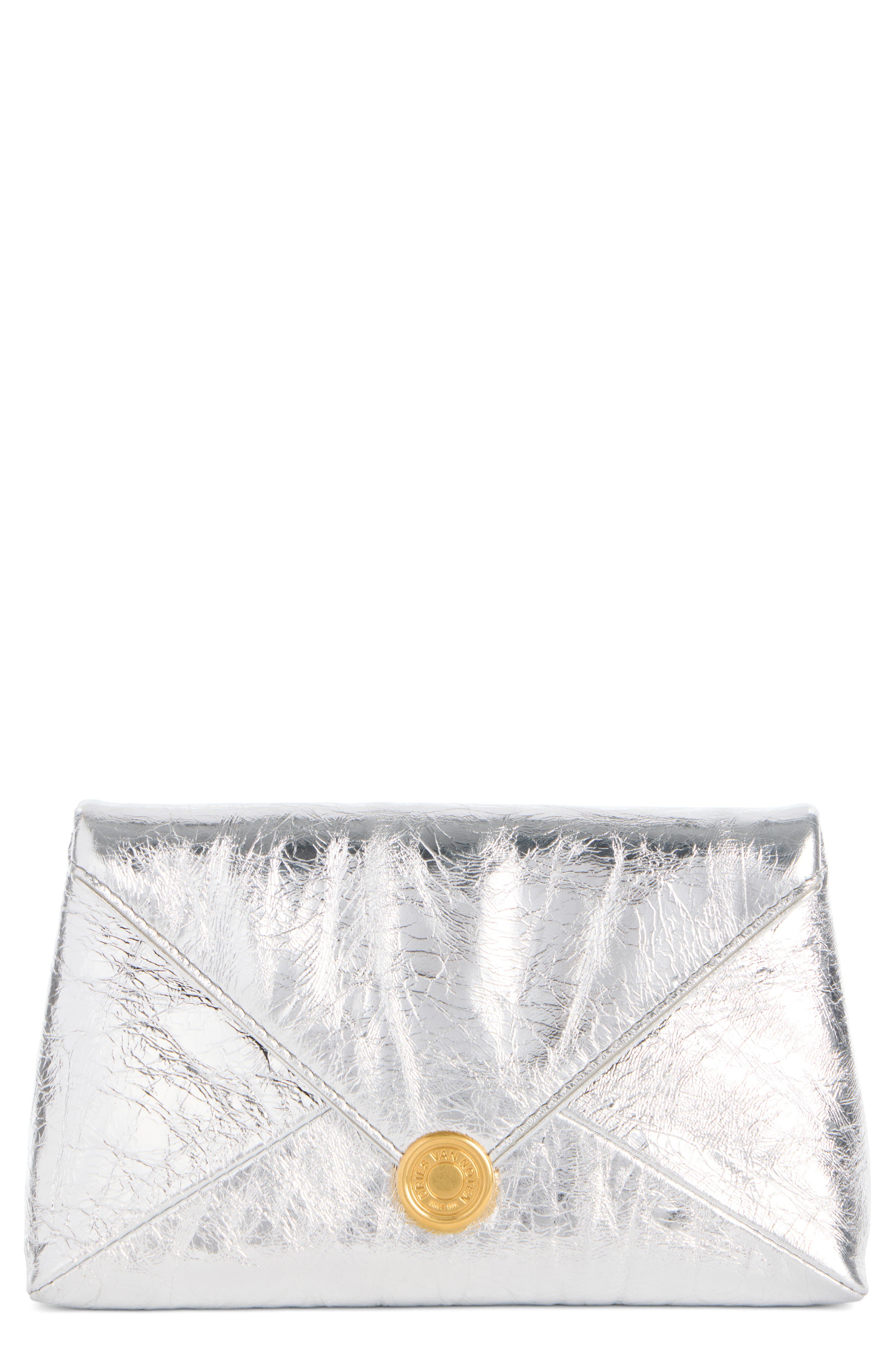 Dries Van Noten Metallic Leather Envelope Clutch, Main, color, Silver 952