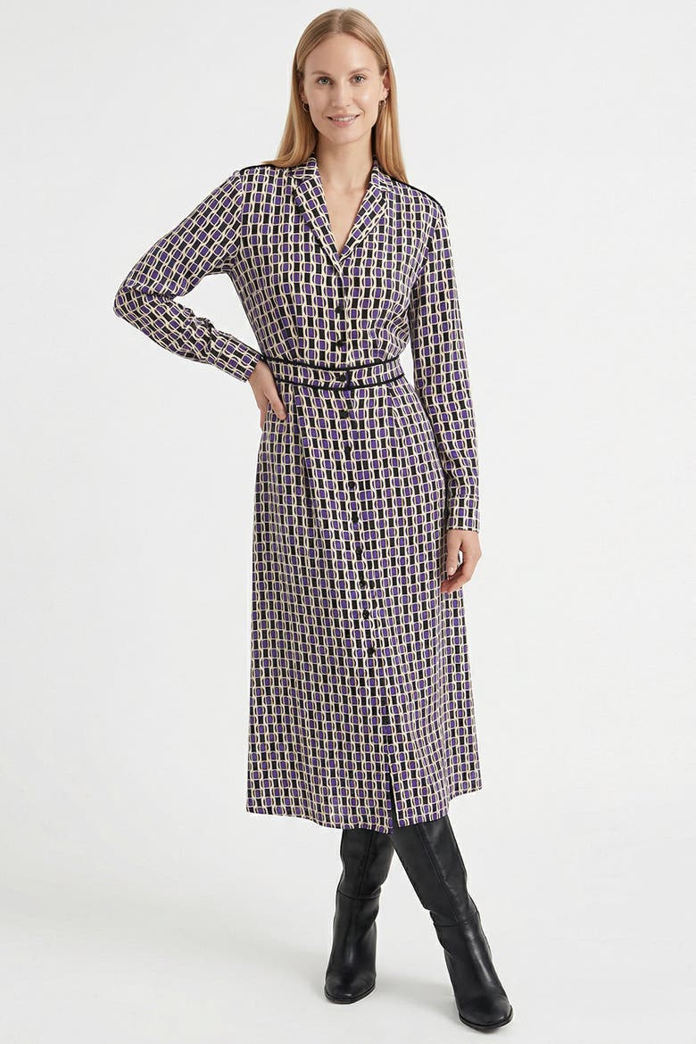 Long Sleeve Geometric Print Midi Shirt Dress With Waist Detail, Alternate, color, Black