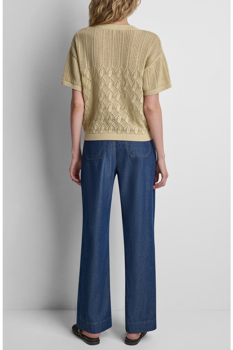 Lace-Up Placket Short Sleeve Semisheer Cotton Blend Pointelle Sweater, Alternate, color, MOJAVE DESERT