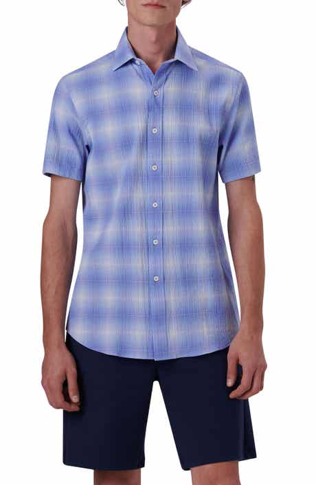 Bugatchi Ombré Check Short Sleeve Cotton Seersucker Button-Up Shirt