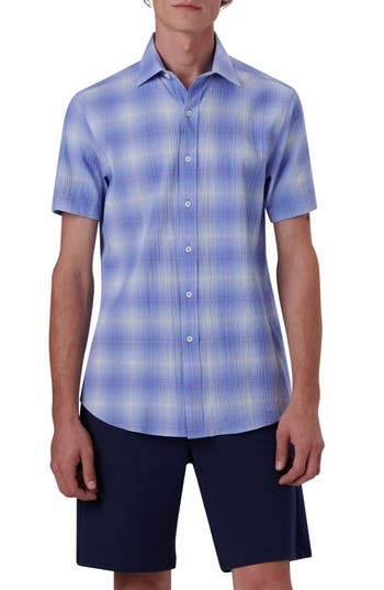 Bugatchi Ombré Check Short Sleeve Cotton Seersucker Button-up Shirt In Blue