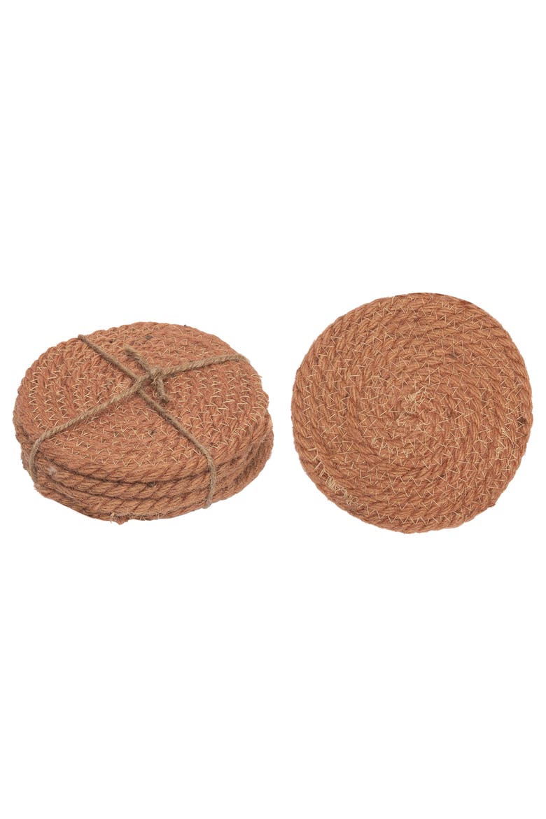 Natural Fiber Brown Jute Coasters, Decorative Table Protection Coasters Set of 4, Main, color, Brown