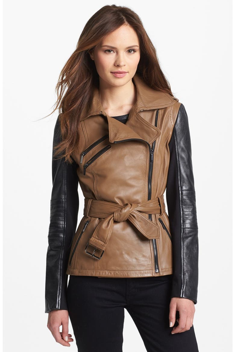 Two Tone Leather Moto Jacket, Main, color, SADDLE/ BLACK