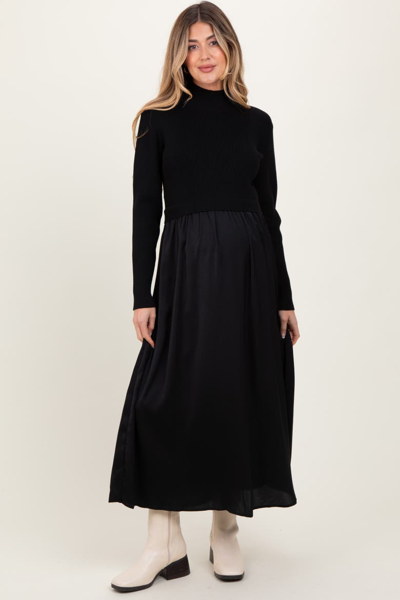 Knit Contrast Top Satin Midi Dress, Main, color, Black