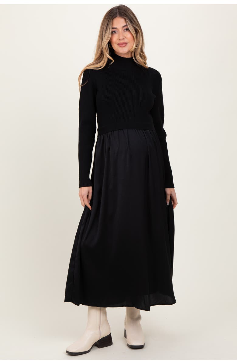 PinkBlush Knit Contrast Top Satin Midi Dress, Main, color, Black