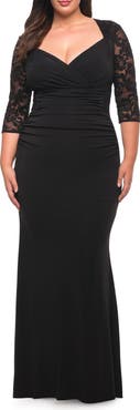 La Femme Jersey Plus Dress with Lace Sleeves and Back