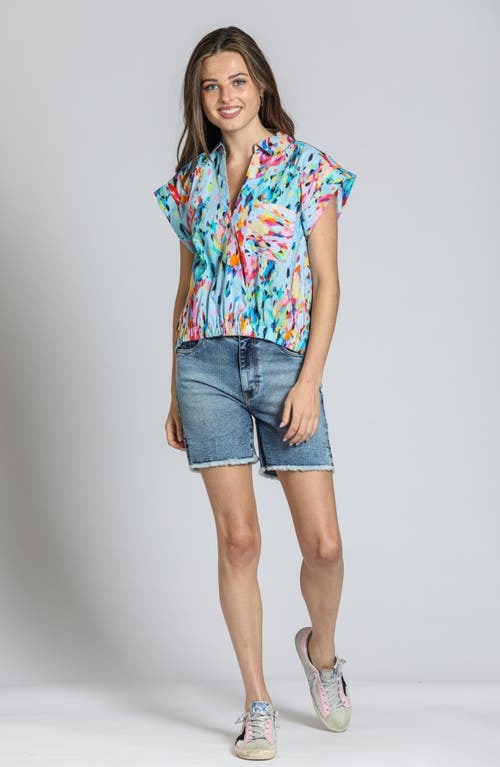 Apny Print Wrap Front Cotton High-low Top In Blue Multi