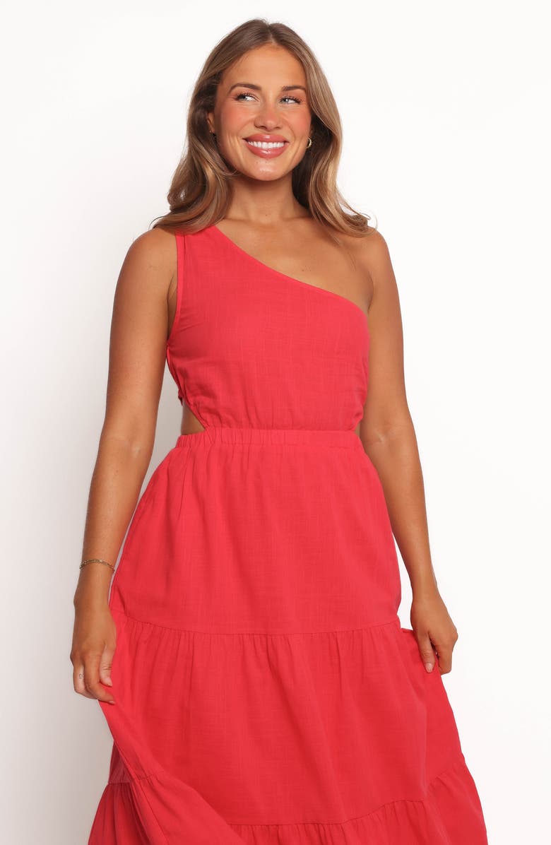 Petal & Pup Teresa One-Shoulder Cutout Cotton Midi Dress, Alternate, color, Red