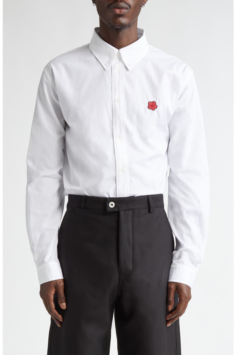 Boke Flower Embroidered Cotton Button-Down Shirt, Main, color, WHITE