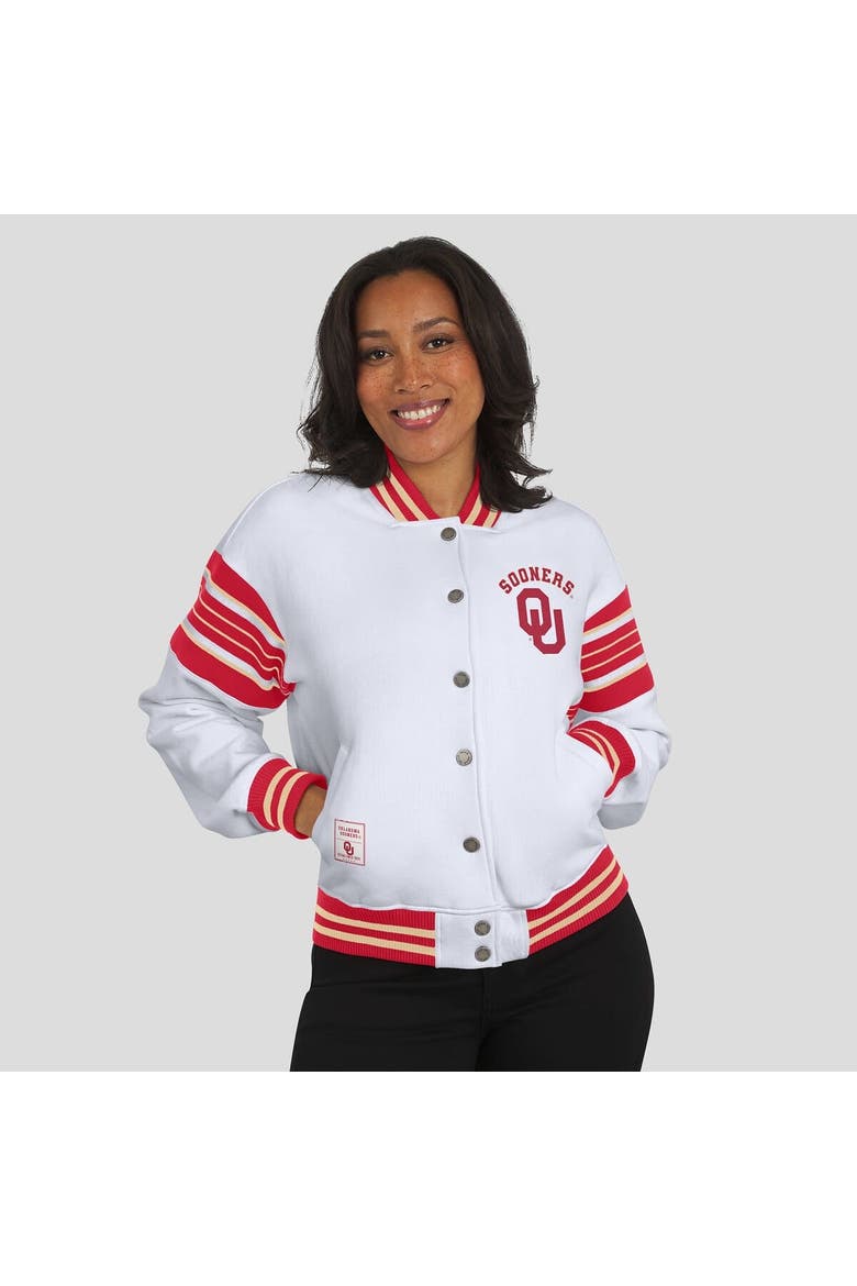 Women's WEAR by Erin Andrews White/Crimson Oklahoma Sooners Satin Stitch Full-Snap Fleece Sweatshirt Jacket, Alternate, color, White