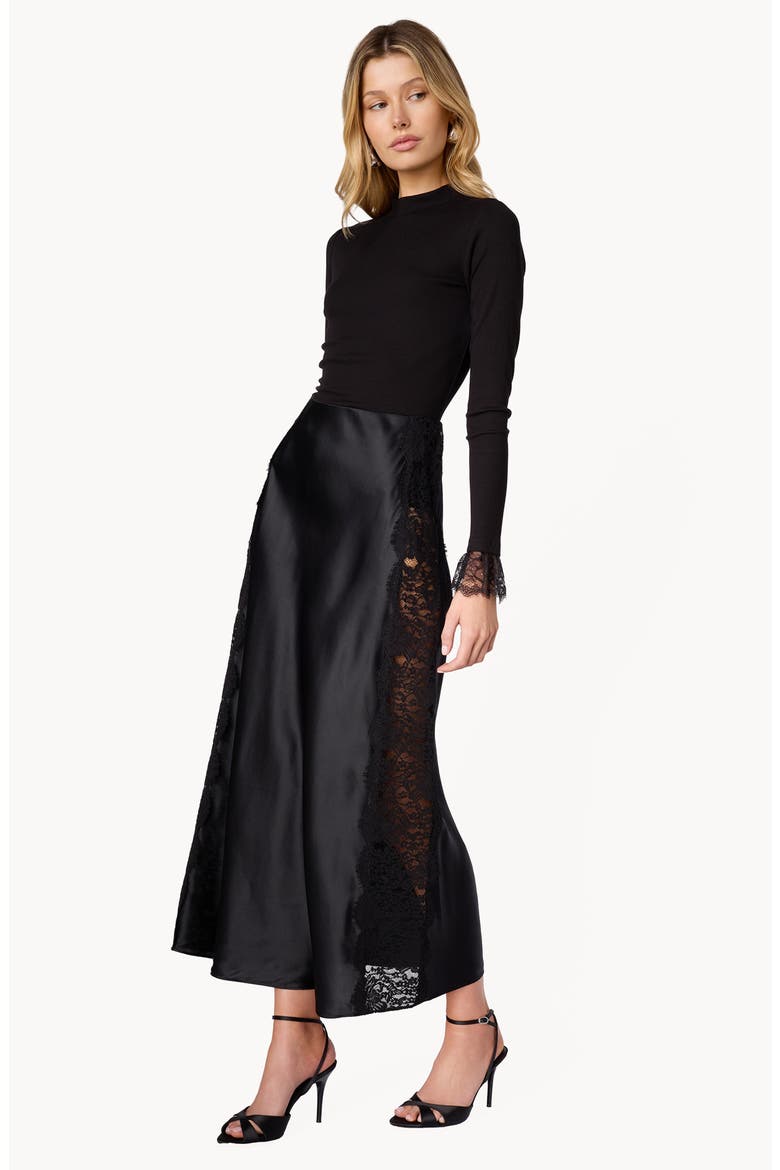 Darcel Lace Detail High Waist Silk Midi Skirt, Alternate, color, BLACK