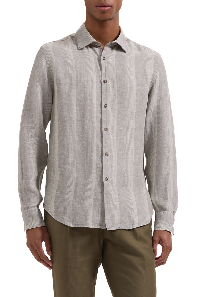 Julian Shaped Fit Shadow Stripe Linen Button-Up Shirt, Main, color, KHAKI