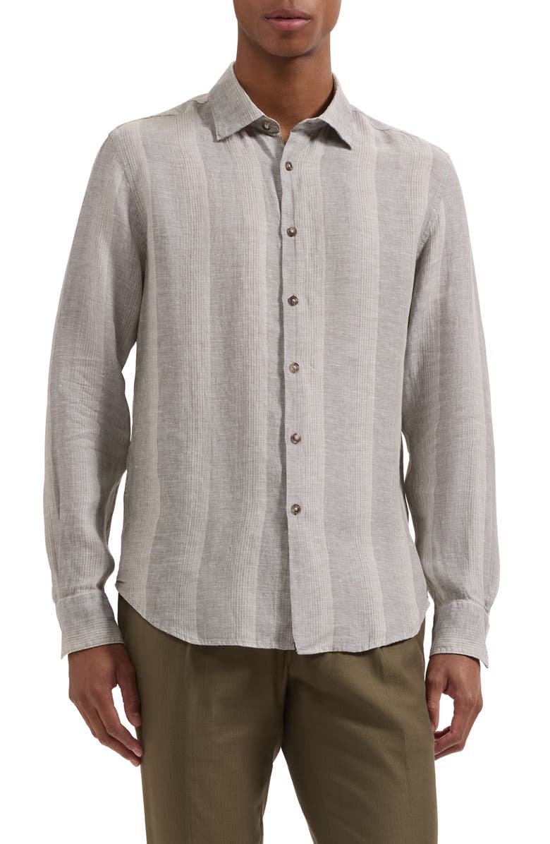 Bugatchi Julian Shaped Fit Shadow Stripe Linen Button-Up Shirt, Main, color, Khaki