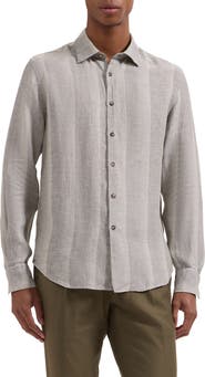 Bugatchi Julian Shaped Fit Shadow Stripe Linen Button-Up Shirt