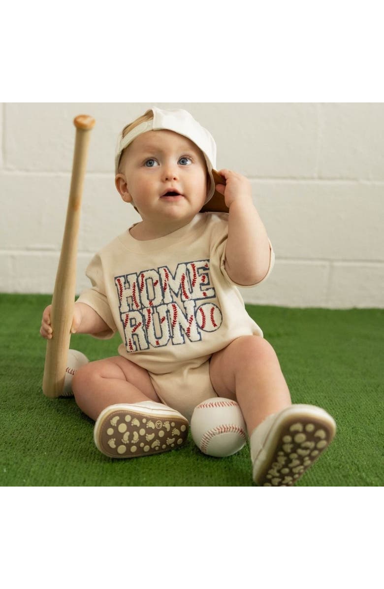 Sweet Wink Home Run Patch Short Sleeve Romper, Alternate, color, Natural