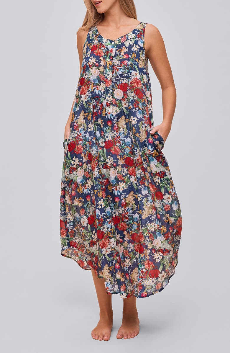 Papinelle Holly Floral Pleated Cotton Voile Nightgown, Alternate, color, Navy