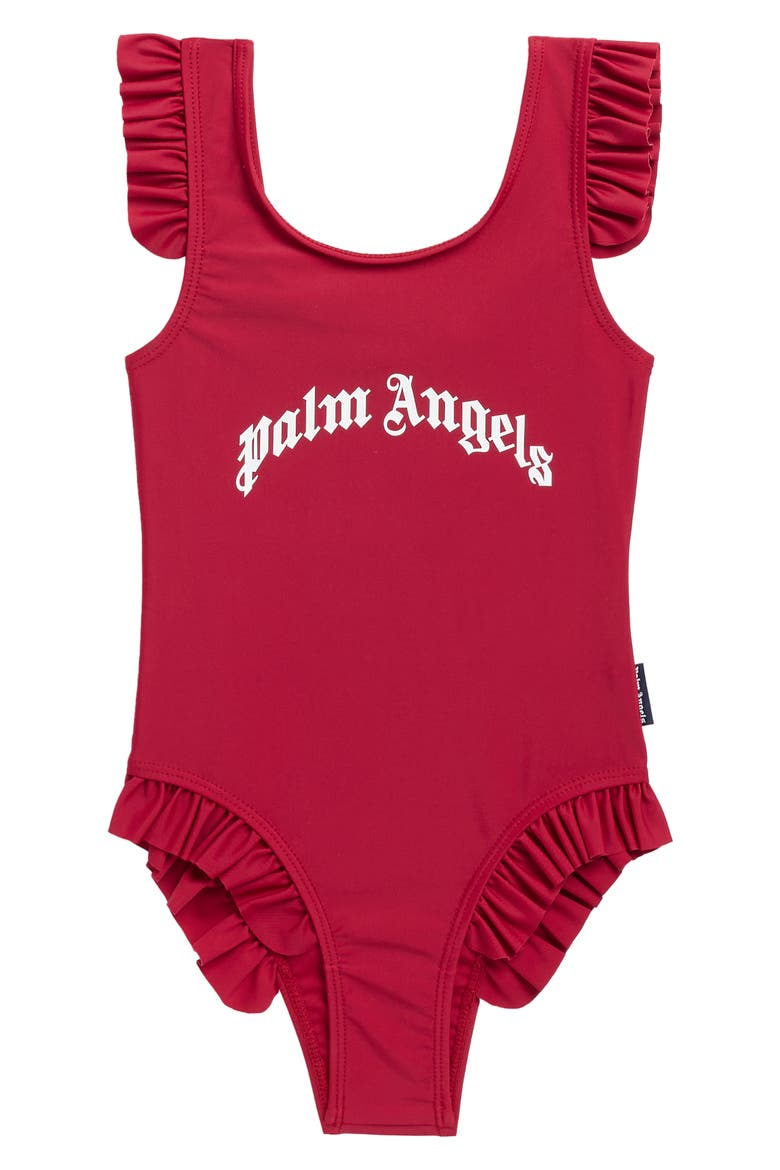 Kids' Curved Logo One-Piece Swimsuit, Main, color, BORDEAUX WHITE
