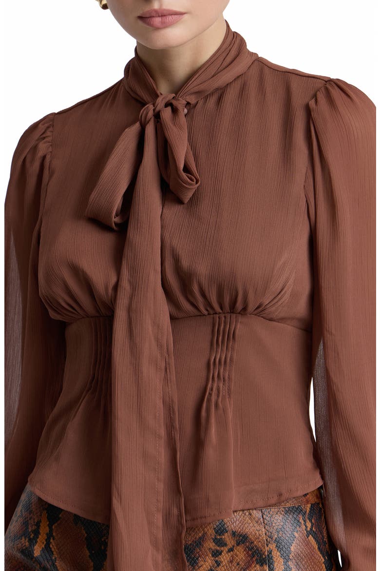 Long Sleeve Bow Tie Crinkle Crepe Top, Alternate, color, BROWN