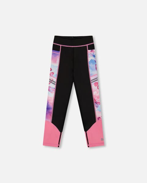 Girl's Colorblock Athletic Leggings Black And Multicolored Butterflies
