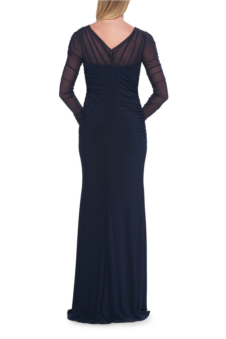 Long Sleeve Sheer Net Jersey Gown with Ruching, Alternate, color, Navy