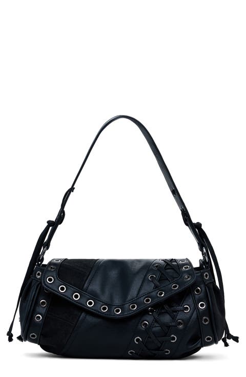 Grommet Trim Faux Leather Shoulder Bag