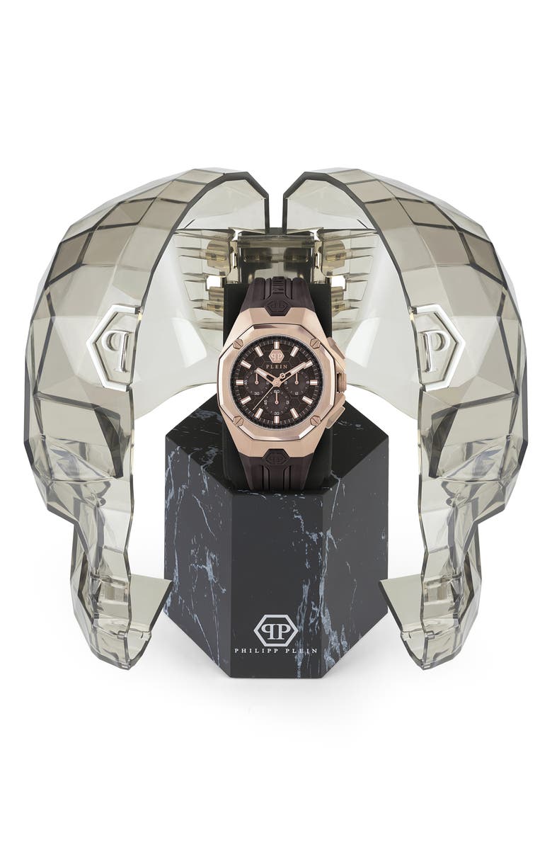 PHILIPP PLEIN Octagon Chronograph Silicone Strap Watch, 44mm, Alternate, color, Ip Rose Gold
