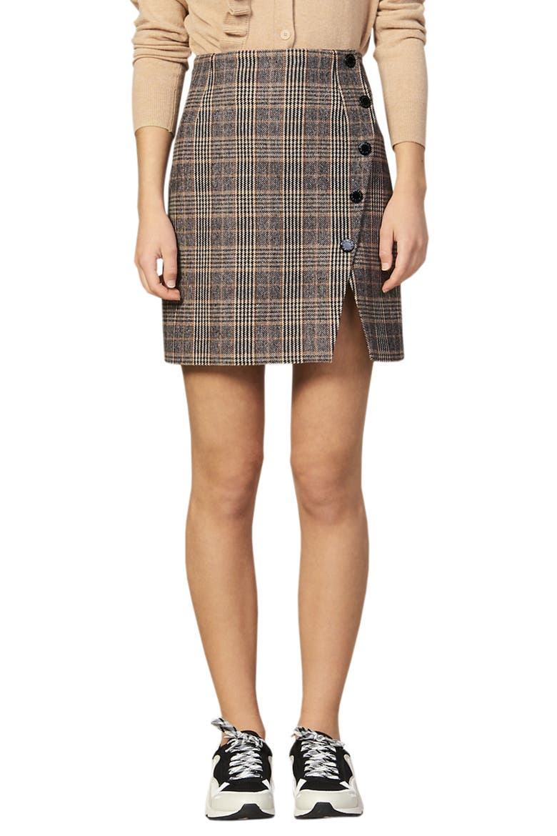 Nona Plaid Side Snap Wool & Cotton Blend Miniskirt, Main, color, CAMEL