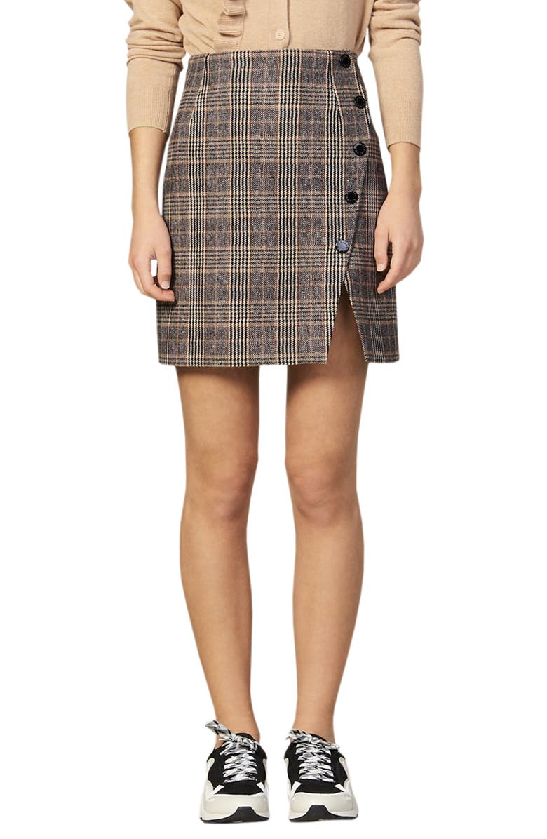 SANDRO Nona Plaid Side Snap Wool & Cotton Blend Miniskirt, Main, color, 