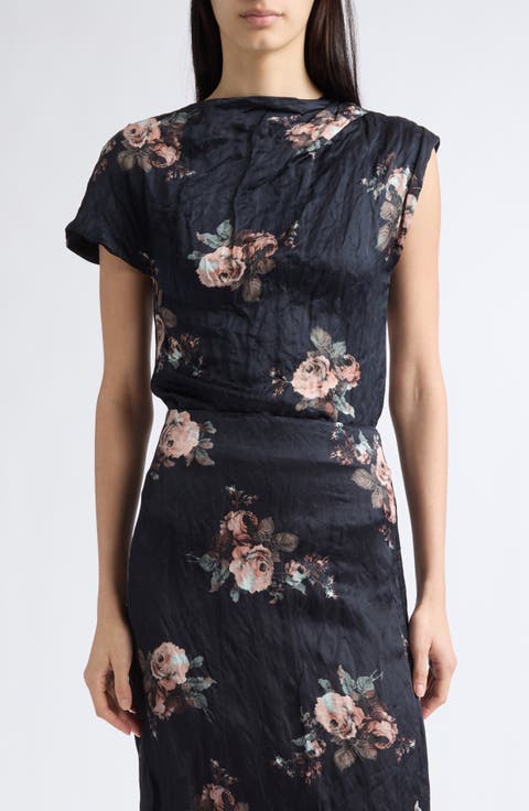 Floral Draped Crushed Satin Top