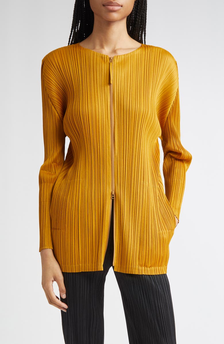 Pleats Please Issey Miyake Monthly Colors September Pleated Longline Zip Jacket, Main, color, Ocher