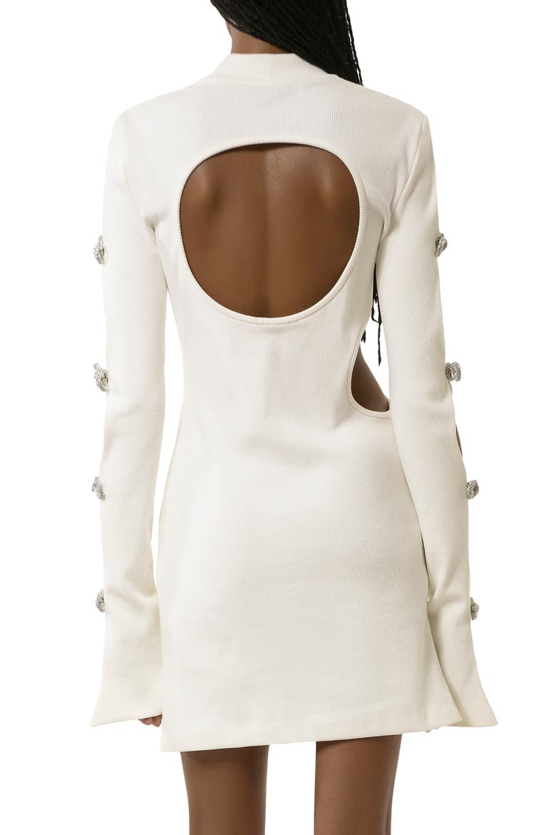 Mach and Mach Crystal Bow Long Sleeve Cutout Knit Minidress, Alternate, color, WHITE