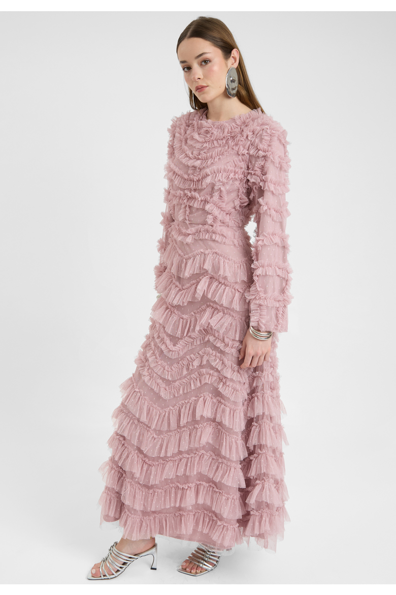 Modest Ruffle Dress Maxi With Self Print Mesh, Alternate, color, FROSTED PINK