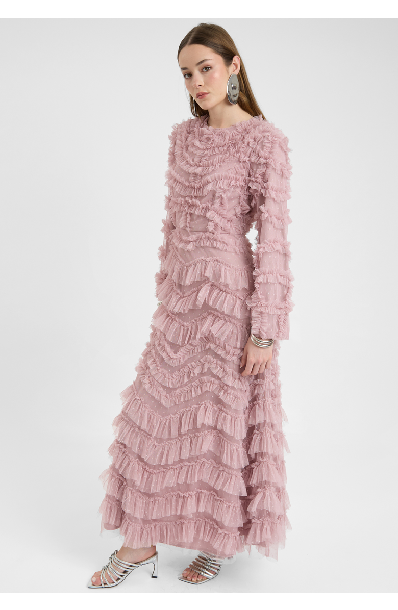 MARYISA Modest Ruffle Dress Maxi With Self Print Mesh, Alternate, color, Frosted Pink