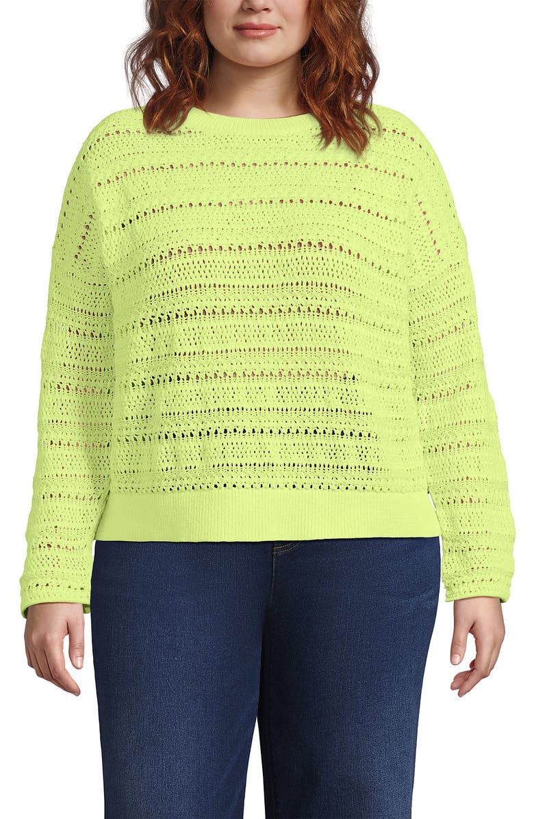 Lands' End Plus Size Cotton Blend Pointelle Crew Neck Sweater, Main, color, Soft Limoncello Yellow