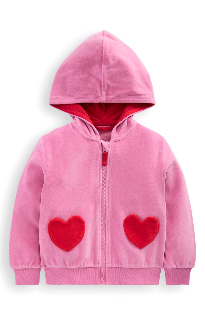 Mini Boden Kids' Heart Pocket Velour Zip-Up Hoodie, Main, color, Formica Pink