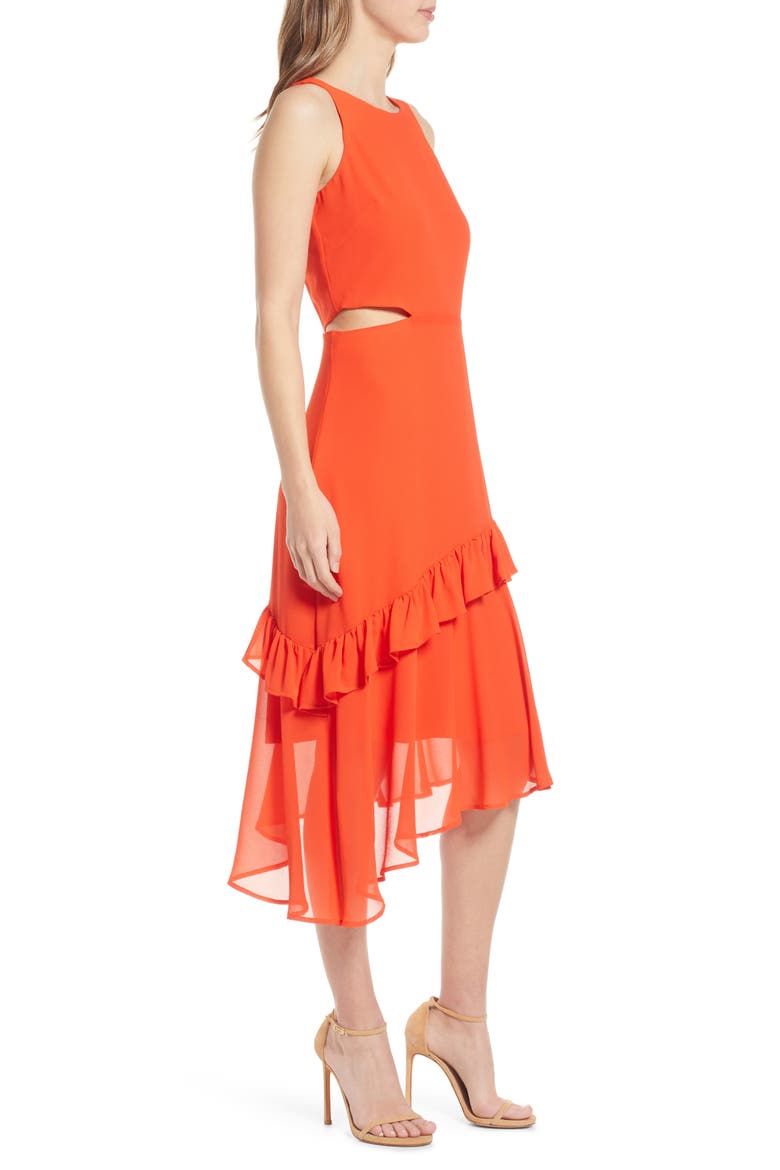 Ruffle Cutout Midi Dress, Alternate, color, CORAL